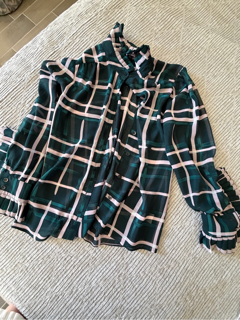 CAbi Plaid Button-Up Blouse in Dark Green and Light Pink